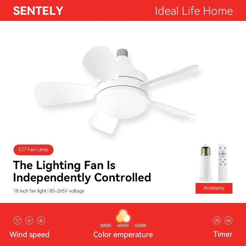 Ceiling Lighting Fan with Remote E27 Base Socket Fan Light 3 Color Dimmable 3 Speeds Fan Light Bulb for Room Fan Lamp Home Use