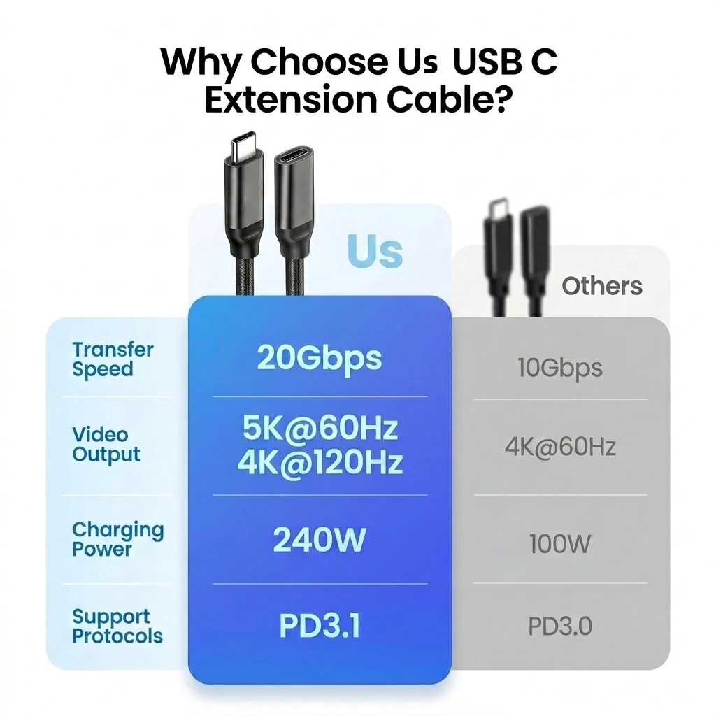 20Gbps USB C Extension Cable 240W USB3.2 4K@120Hz Type C Video Extension Cord Male to Female For Hub PS VR2 iPhone MacBook Switc