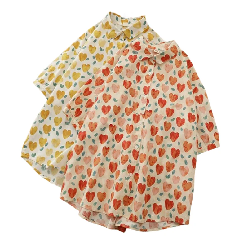 Fashion Lapel Button Casual Shirts All-match Love Print Cute Blouse Women Clothing 2026 Summer New Loose Tops Office Lady Blouse