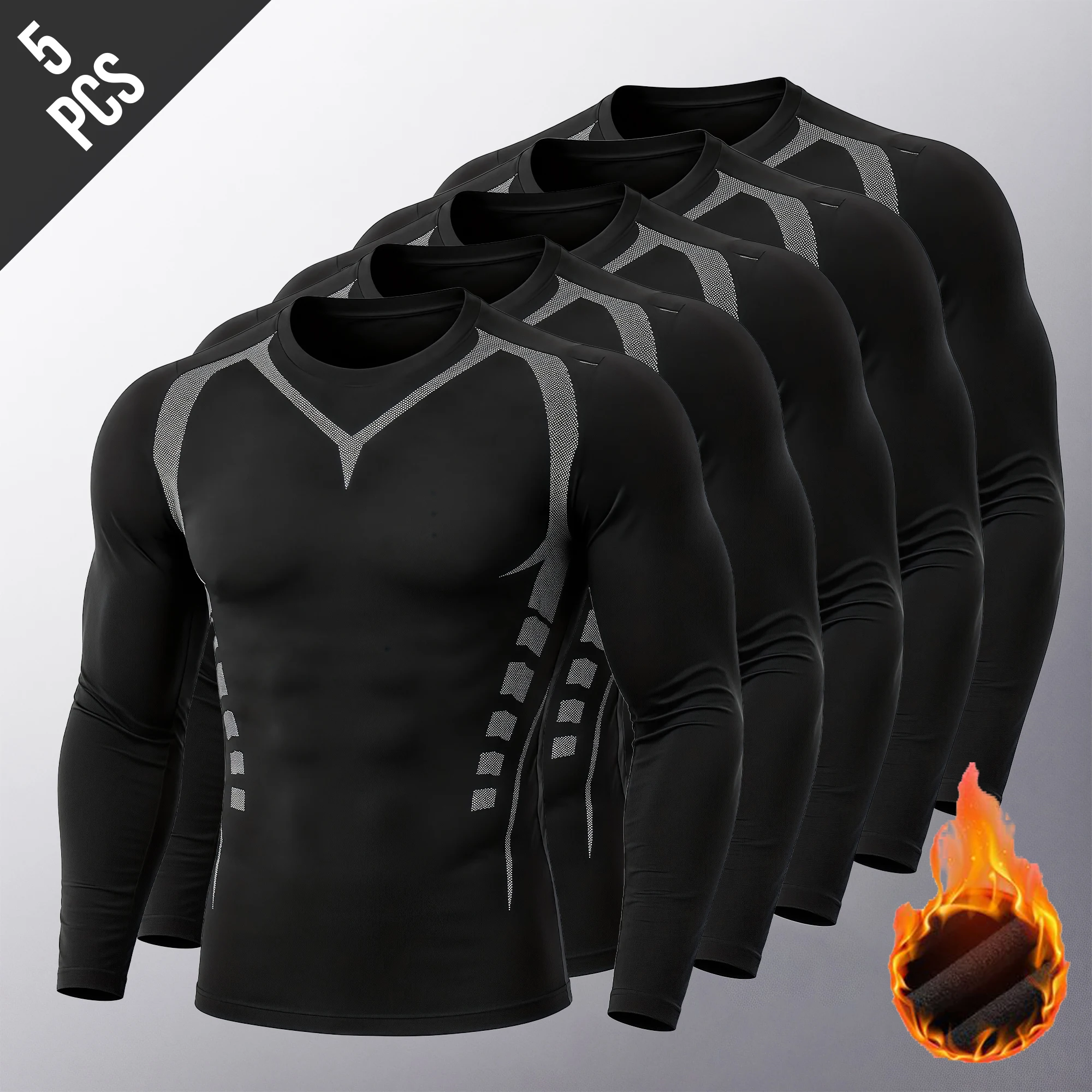 1/2/5er-Pack Herren Fleece-gefüttertes Kompressionsshirt, Thermo-Langarmshirt mit Stretch-Passform für Herbst- und Winter-Fitness-Training