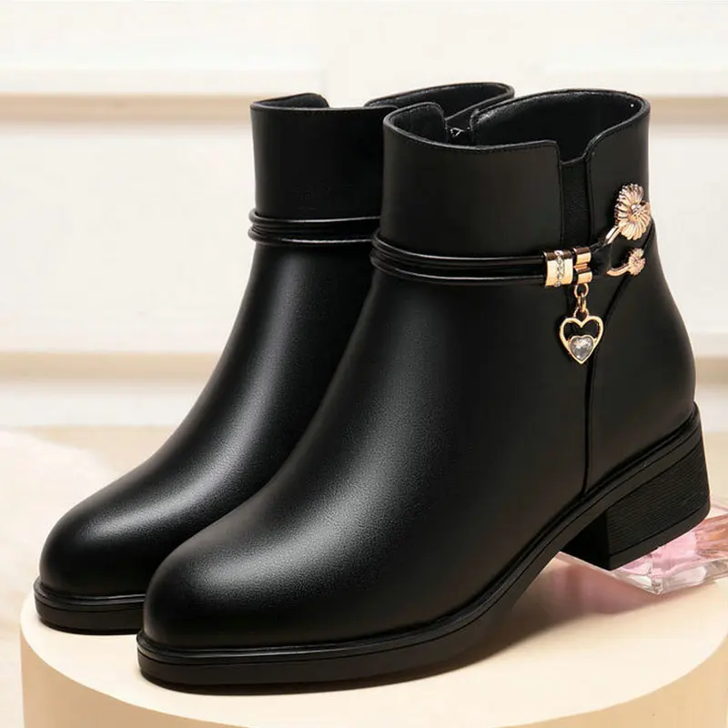 Winter Genuine Leather Thick Heel Ankle Boots Women Warm Boots Side Zipper Soft Comfortable High Heels Ankle Boots Ladies Shoes image 2