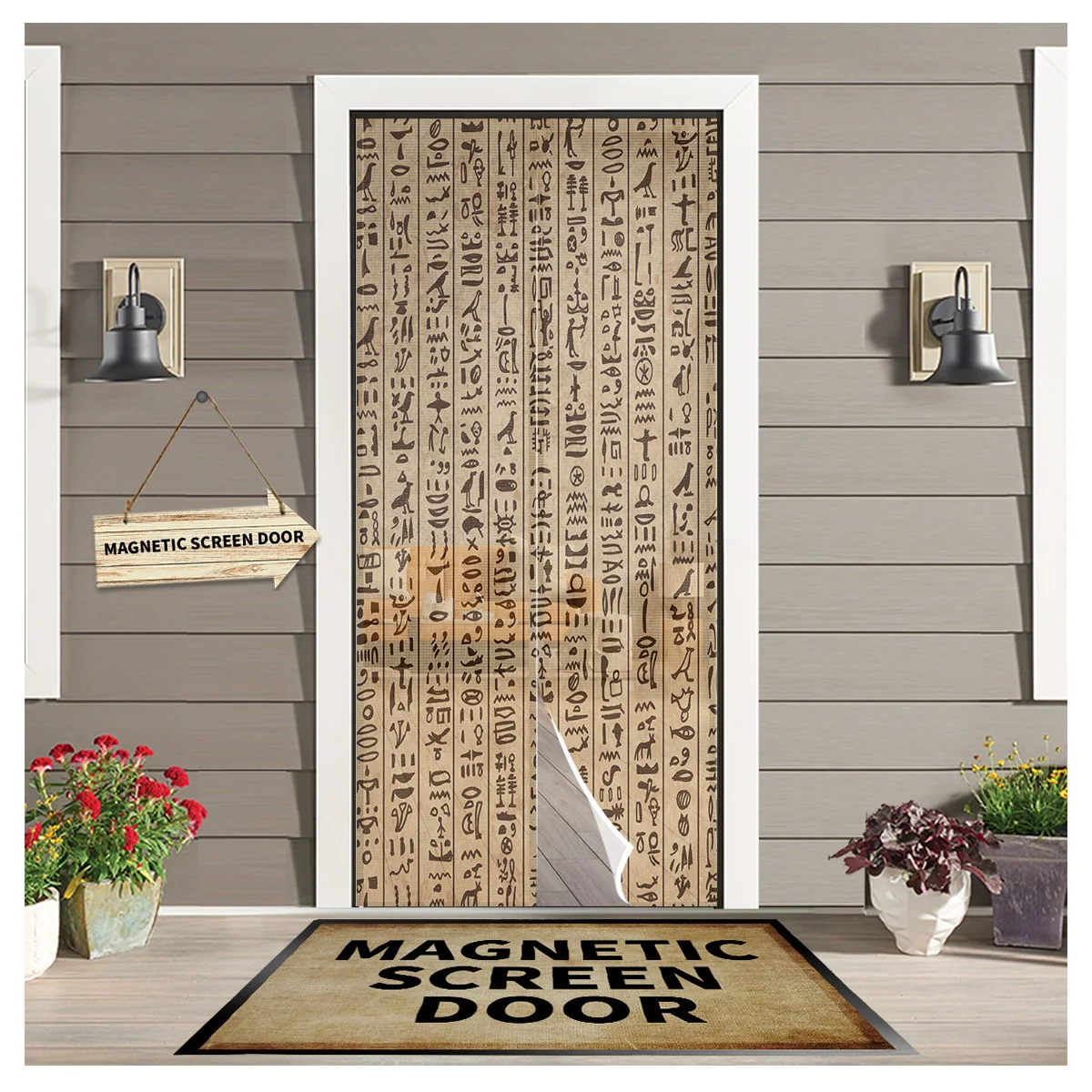 Ancient Egypt Hieroglyphs Retro Style Magnetic Screen Door Curtains Mosquito Net Door Curtain for Bedroom Kitchen Door Screens