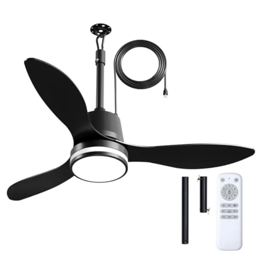 Outdoor ceiling fan for patios and pergolas, black ABS plastic, IP65 waterproof, 42-inch, 3CCT light, 6 speeds, remote control,