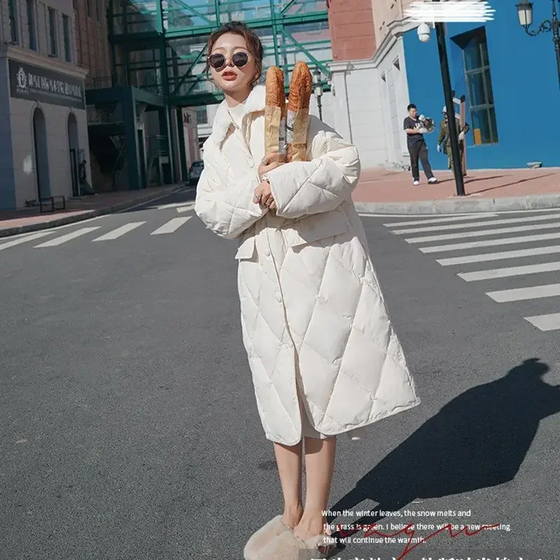 2024 New Style Retro Hong Kong Wind Diamond-Quilted Down Cotton Parka for Women, Knee-Length and Loose Thickened Coat