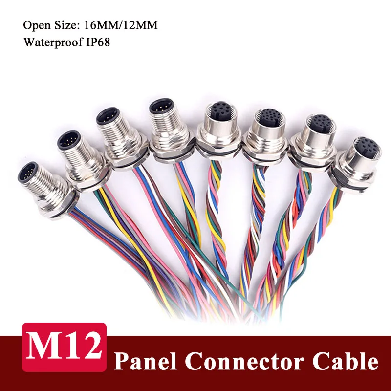Waterproof M12 4 5 8 12 Pin Panel Socket with 20CM Wire IP68 Male Female Connector Cable Open 12mm/16mm Panel Mount Sockets