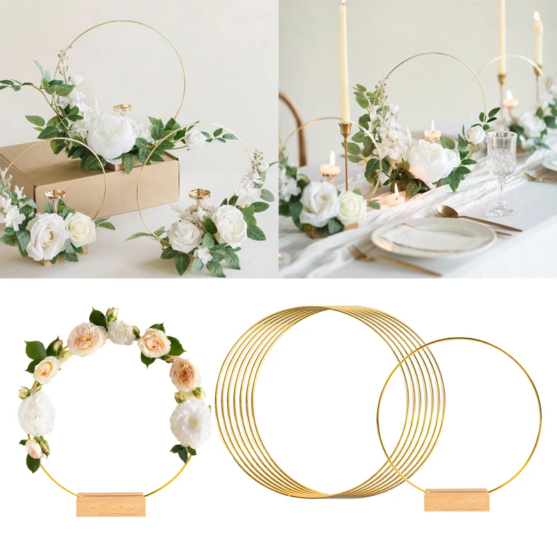 5set Gold Metal Wreath Ring Hoop With Wooden Base Holder Wedding Artificial Flowers Garland DIY Decoration Home Wedding Decor