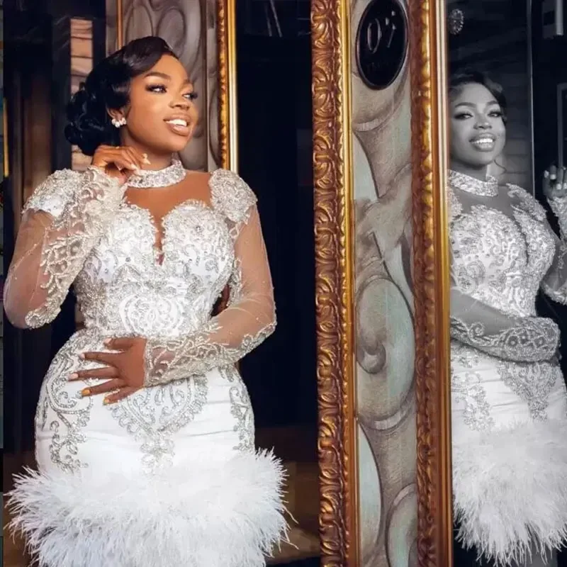 Luxury Short Prom Dresses Beads Crystals Feathers See Through Long Sleeves Evening Gowns Celebrity Pageant Aso Ebi Party Robe