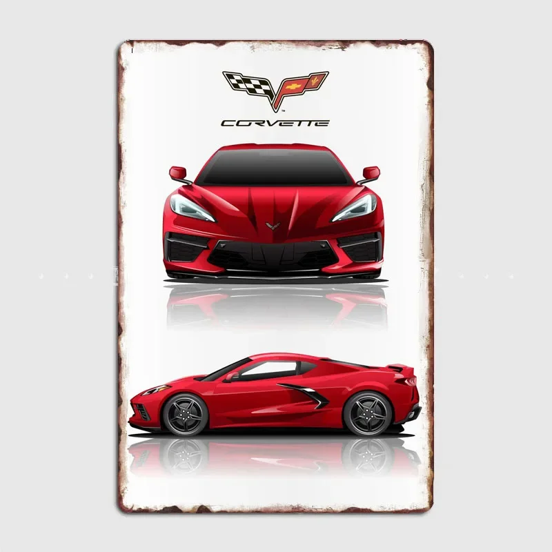 Classics Car Red Corvette C8 Supercar Retro Poster Metal Sign Sports Car Garage Room Decoration Custom Tin Home Decor