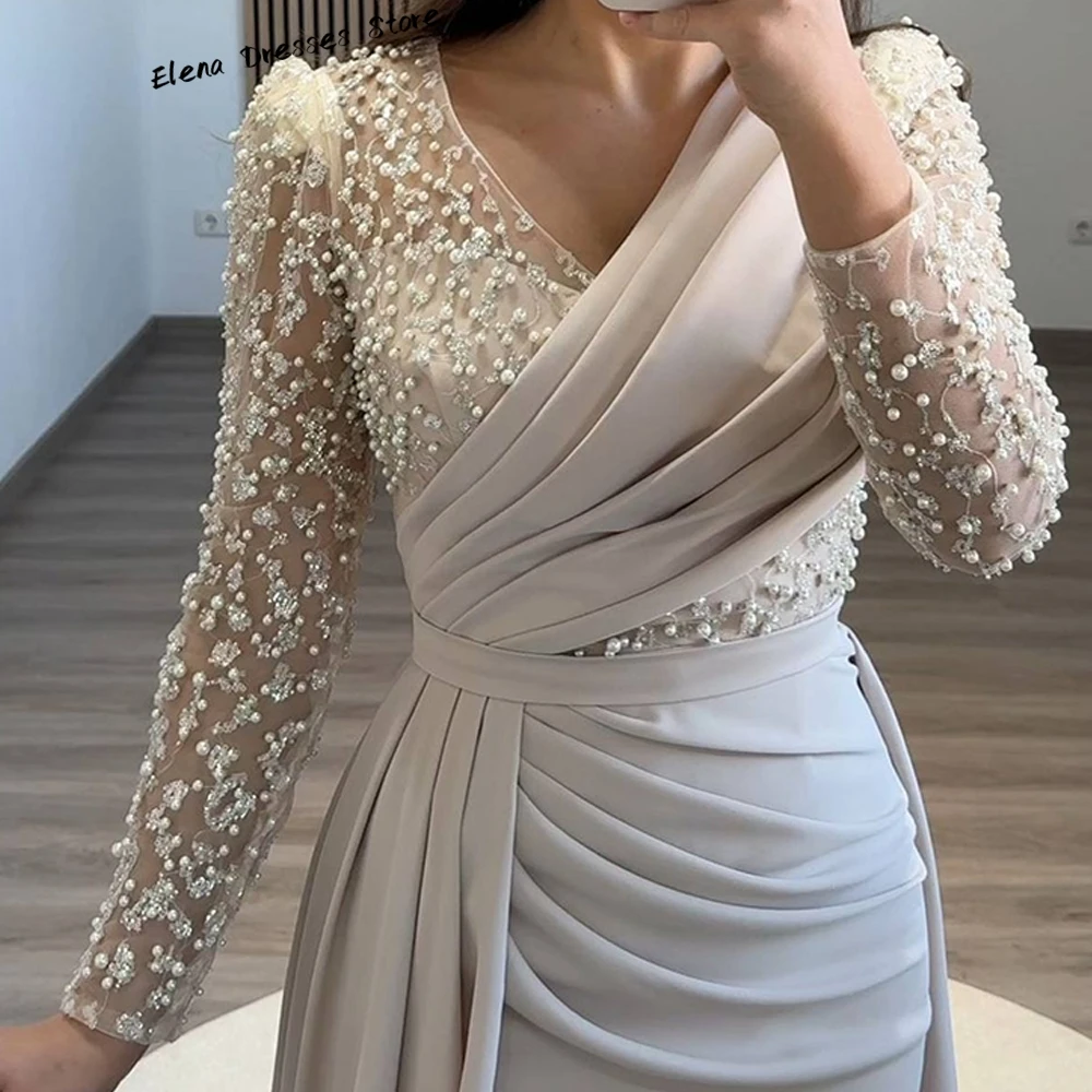 ชุดราตรีแขนยาวประดับมุกนางเงือก ชุดราตรีคอวีหรูหราสั่งตัดได้ งานปักคุณภาพสูง ชุดออกงานสั่งตัดพิเศษ