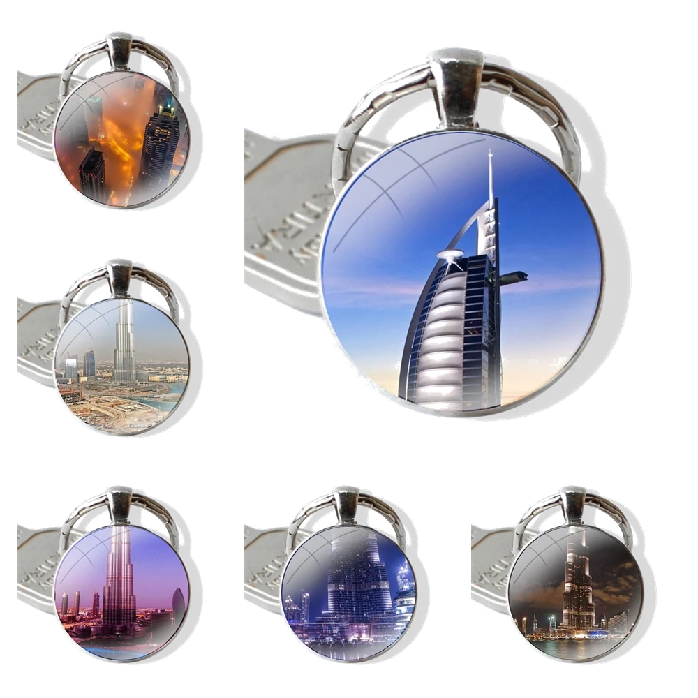 Dubai Night Live High Building Keychain Glass Cabochon Metal Pendant Classic Men's Women's Keyring