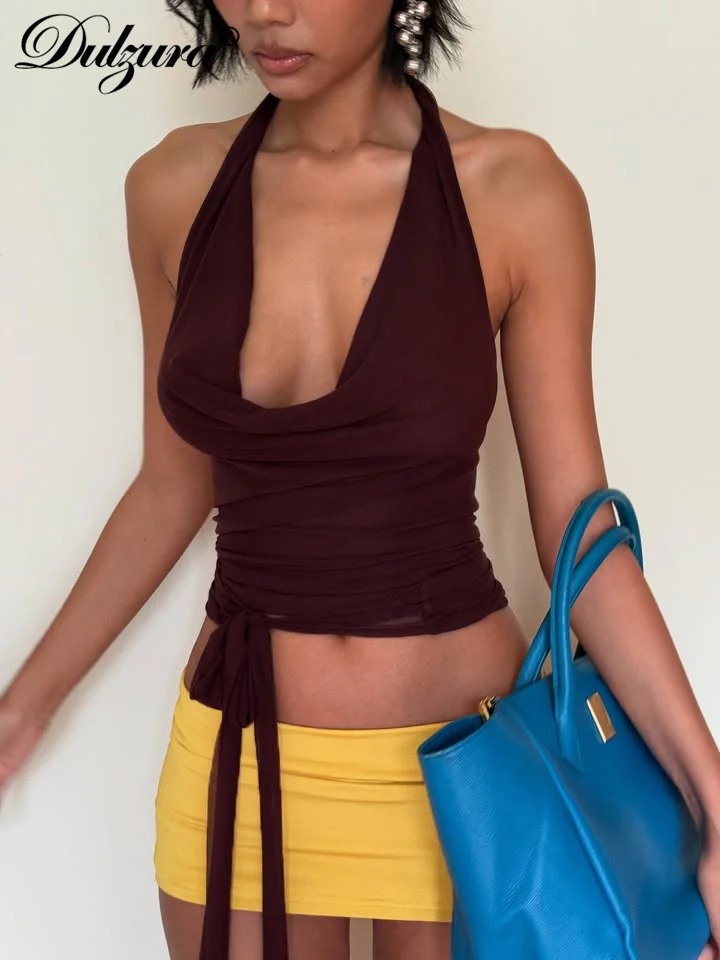 Dulzura, moda de verano, conjunto de falda Sexy elegante de 2 piezas con cuello oscilante, chaleco con cordones y espalda descubierta, Falda corta, conjunto a juego para fiesta y Club