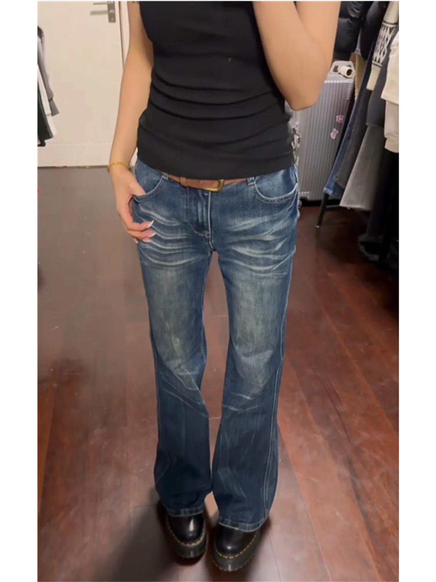 

Ретро джинсы-клеш с низкой посадкой, темно-синие, женские, с эффектом похудения, весенние, повседневные, из хлопкового денима