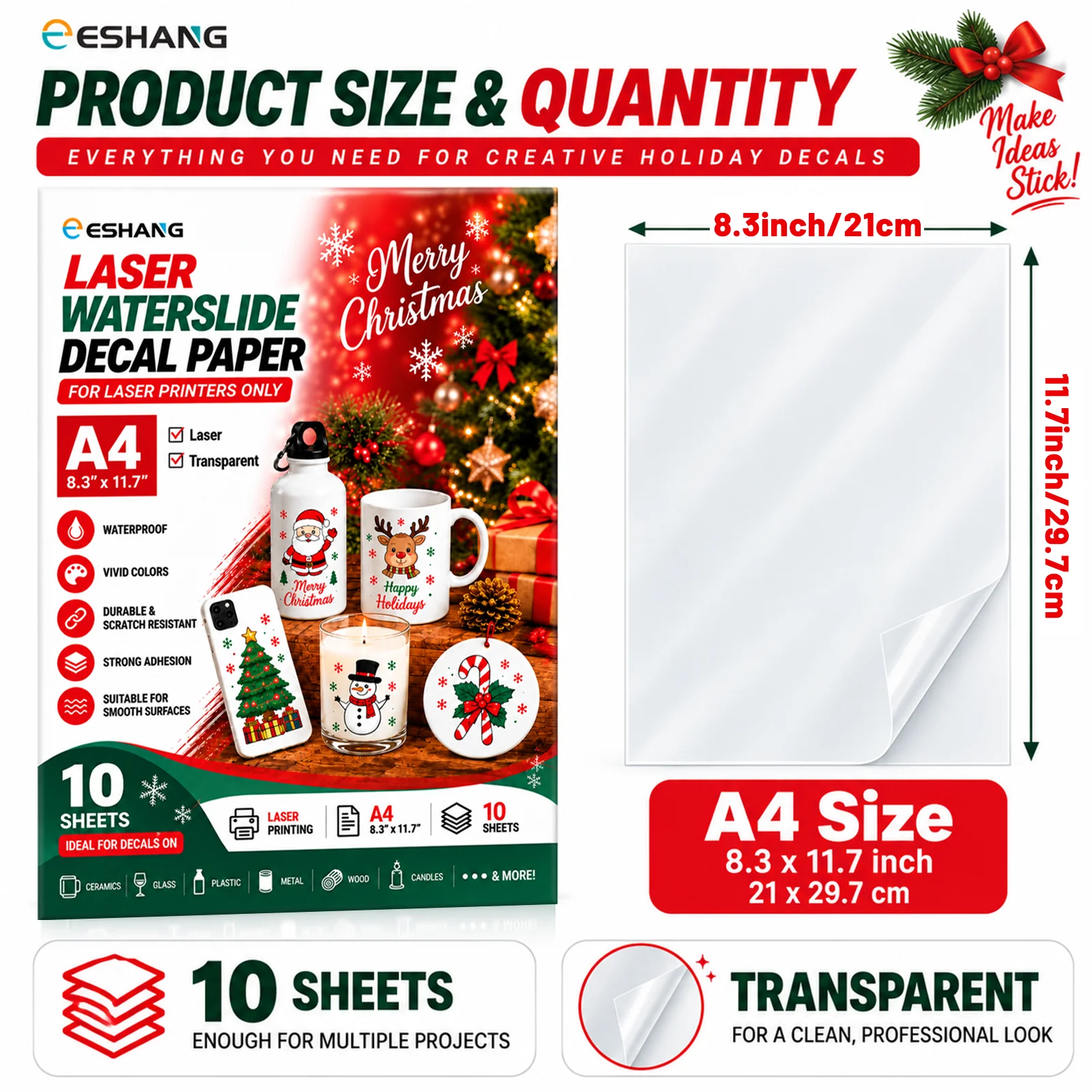 ESHANG A4(8.3x11.7inch) 10 Sheets Water Transfer Sticker for Laser Printer Printing DIY Heat Water Proof Ceramic Clear Waterslid