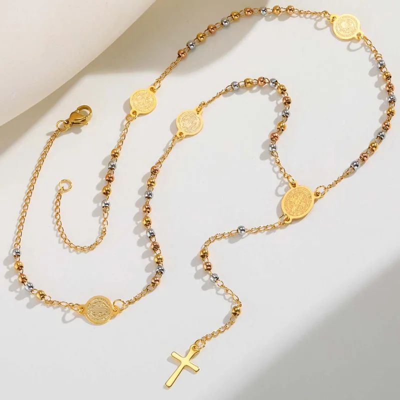 Colar de rosário de São Bento de aço inoxidável, pingente de crucifixo de cruz cristã, colar religioso para mulheres, joias católicas