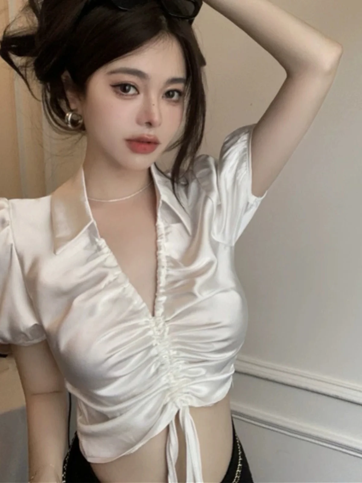 

Ele Bubble Sve irt Женский топ для похудения ort V-Ne Модный корейский Sle Commute Pure Color Весна Лето Faion