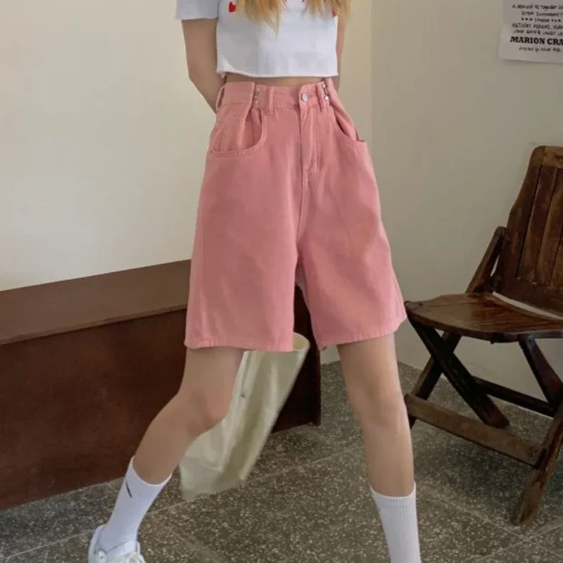 

Розовые джинсовые шорты женские свободные летние шикарные нежные повседневные широкие брюки уличная мода с высокой талией девичьи Mujer Ulzzang