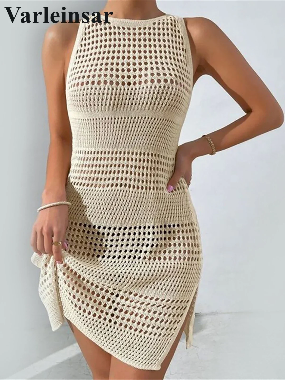 2025 Sexy Hollow Out Backless Crochet Knitted Tunic Beach Cover Up Cover-ups Beach Dress Beach Wear Beachwear Female Women V5566