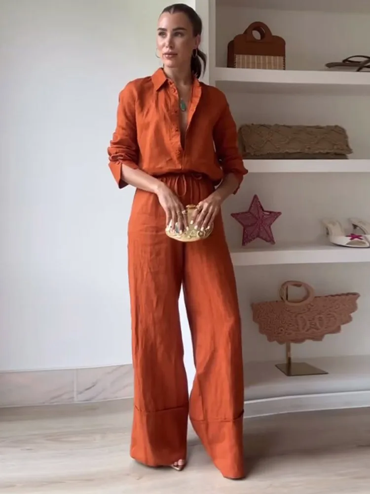 Повседневная рубашка, брюки, костюм, женский однотонный однобортный топ с лацканами, широкие брюки на шнурке, весна-лето 2024, модные женские комплекты
