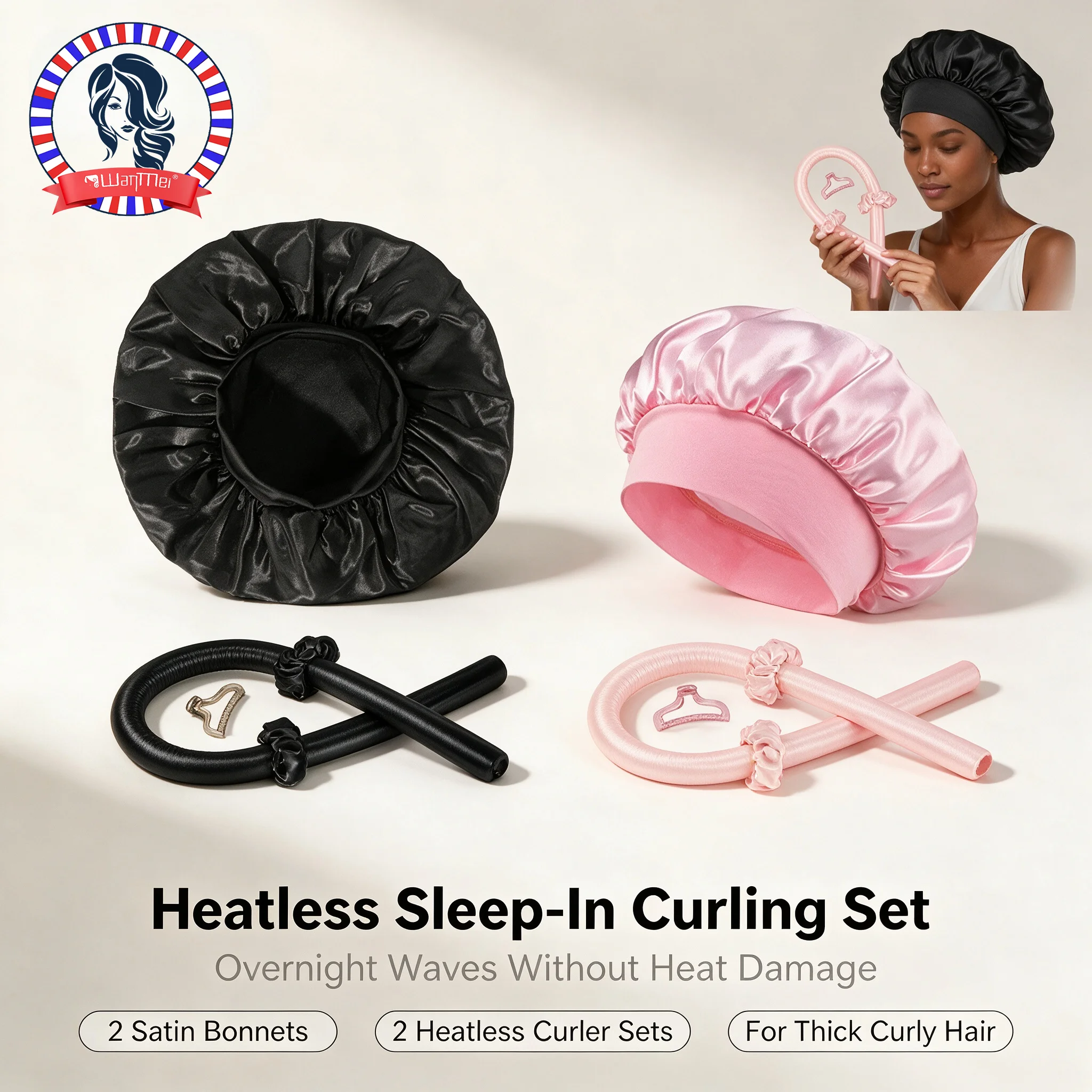 Sleeping Pack Overnight - 10個入りヒートレススリープインカーリングセット、2個のサテンヘアボンネットと2個のヒートレスカーリングキット、自然なウェーブを作るための柔らかい夜間ヘアスタイリングツール、太くて縮れた髪の摩擦を軽減するホームスリーピングヘアスタイル用品