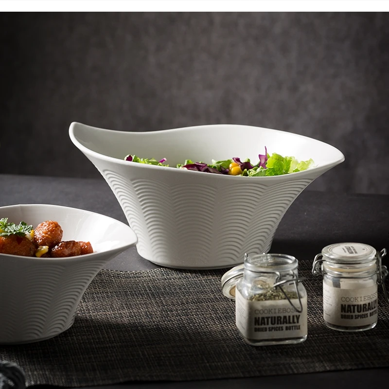 Japanese Special-shaped Pasta Soup Bowl, Ceramic Wave Pattern Noodle Household White Sauerkraut Fish Large Basin