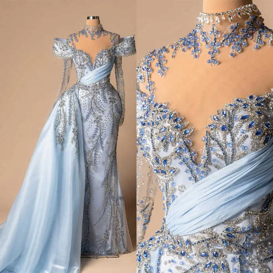 

Luxurious Customized Crystal Evening Dresses Elegant Beading Lace Long Sleeve Prom Dress High Neck Party Gown with Side Train