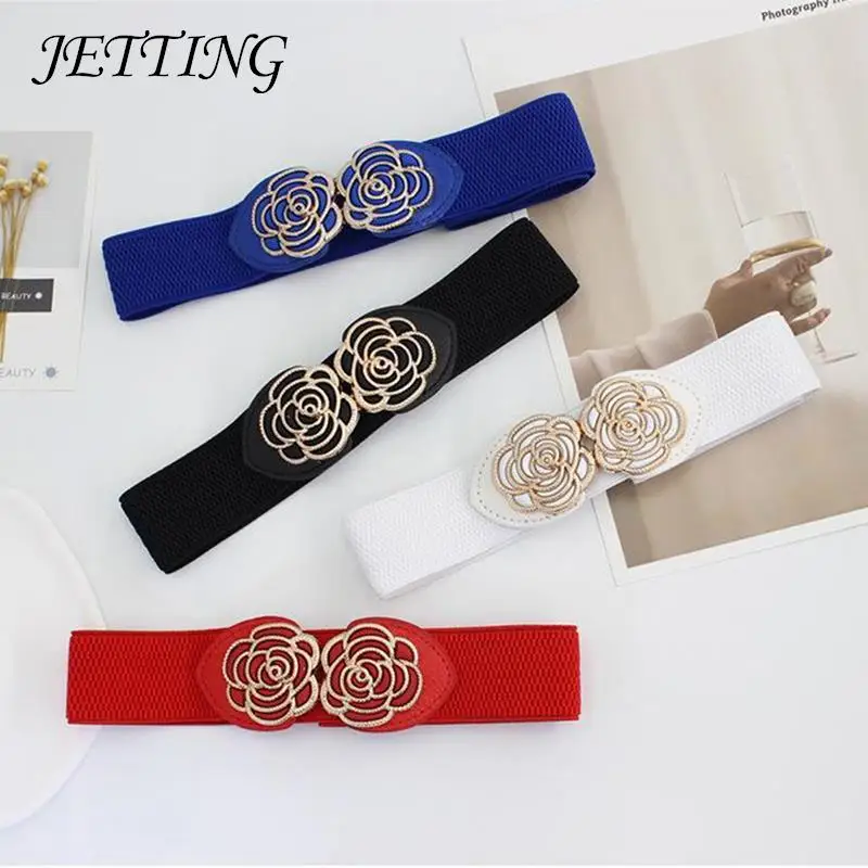 65cm Long Waistband New Fashion Flower Waistbands Elastic For Women Dark Blue Belt Dress Gold Double Metal Buckle Waistband