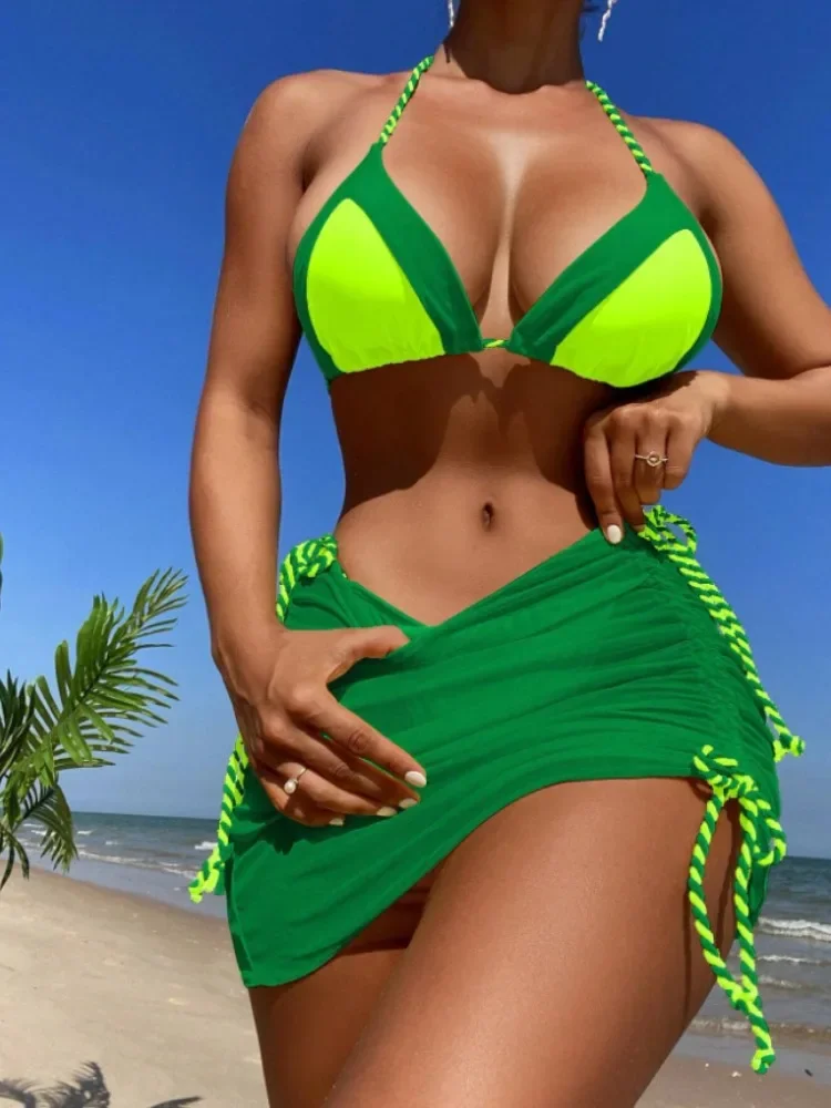 Sexy Bikini-Bademode für Damen, 2024, dreiteiliger Badeanzug mit Rock, brasilianische Biquinis, grün, gelb, Sommer-Beachwear-Badeanzüge