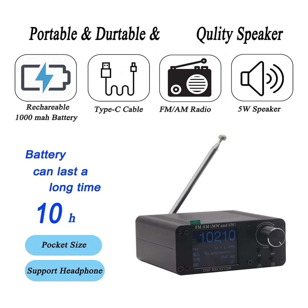 Si4732 ATS-80 Portable Shortwave Radio , FM AM Frequency Radio Receiver, Built-in Rechargeable Battery,Loud Sound