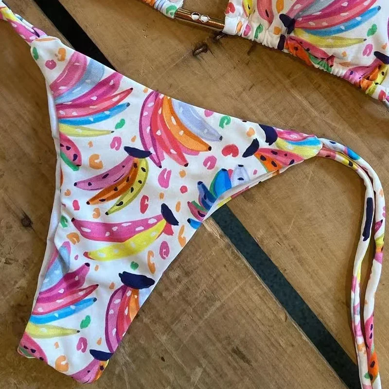 QINJOYER-Conjunto de Bikini con estampado de plátano para mujer, bañador Sexy de Tanga, traje de baño brasileño, 2023