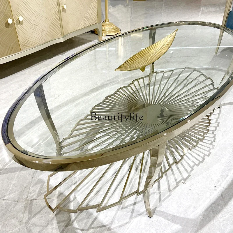 

Stainless steel American light luxury glass coffee table oval metal tea table