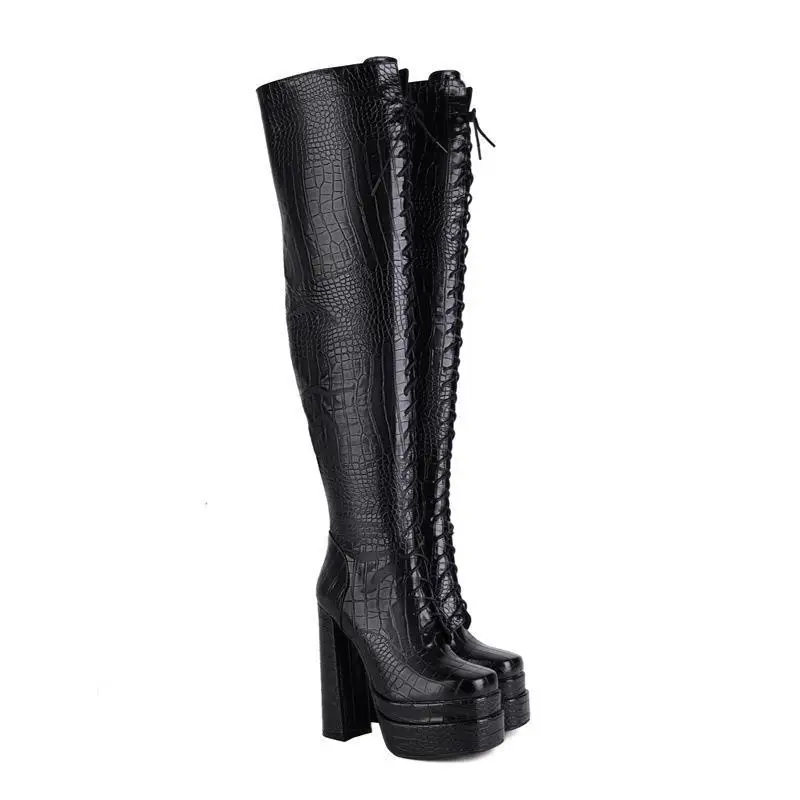 

Women Autumn Winter Lace-Up Long Boots for Woman Round Toe Crude Heels Over The Knee Botas Mujer 2025 Party Platform Shoes