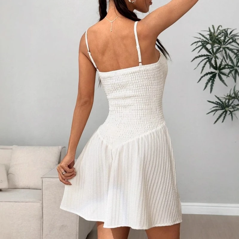 Robes d'été à bretelles Spaghetti pour femmes, taille élastique, plis froncés épissés, Sexy, débardeur, robe blanche, Mini élégante, fête de vacances