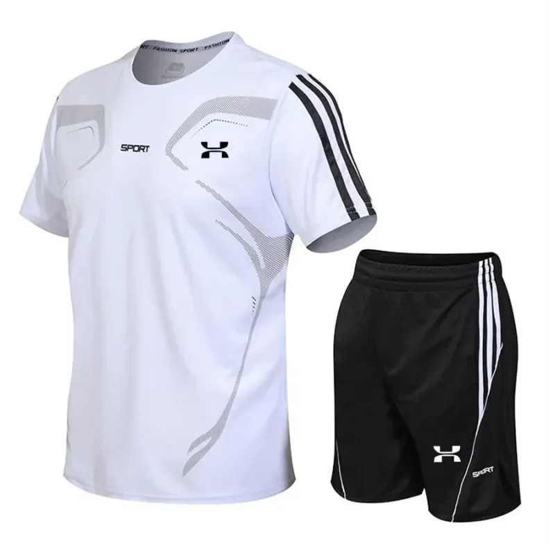 Conjunto de camiseta e shorts de manga curta masculino, confortável, respirável, esportivo, correndo, fitness, secagem rápida, 2 conjuntos, verão