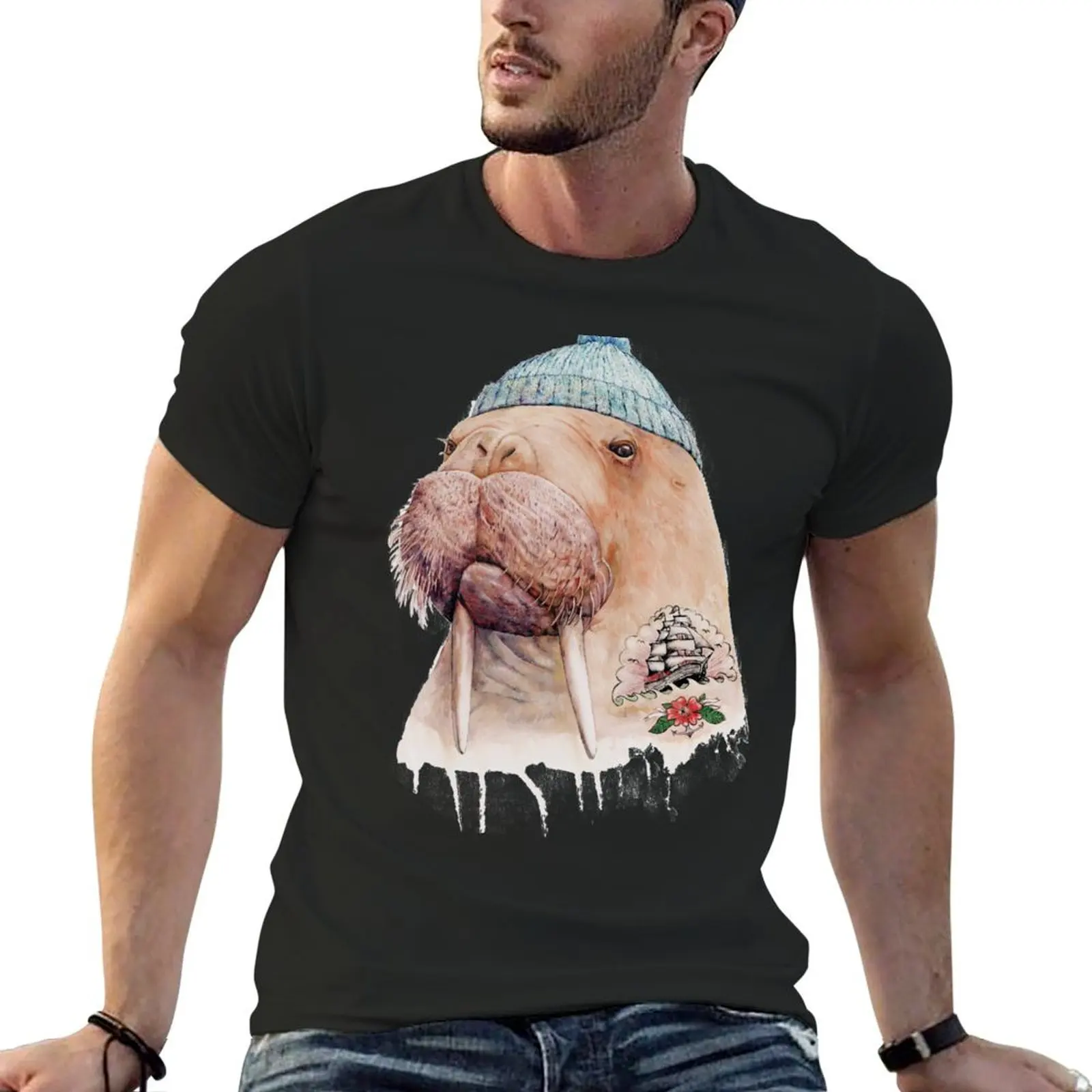 Tattooed Walrus T-Shirt oversized graphic tee anime stuff cute clothes customs T-shirts for men cotton