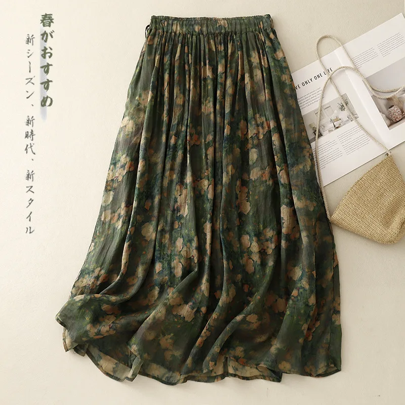 Cotton Linen High Waist Printed Skirt Women's 2026 Summer New Retro Artistic Loose Lace-up Casual Double-layer Large Swing Skirt