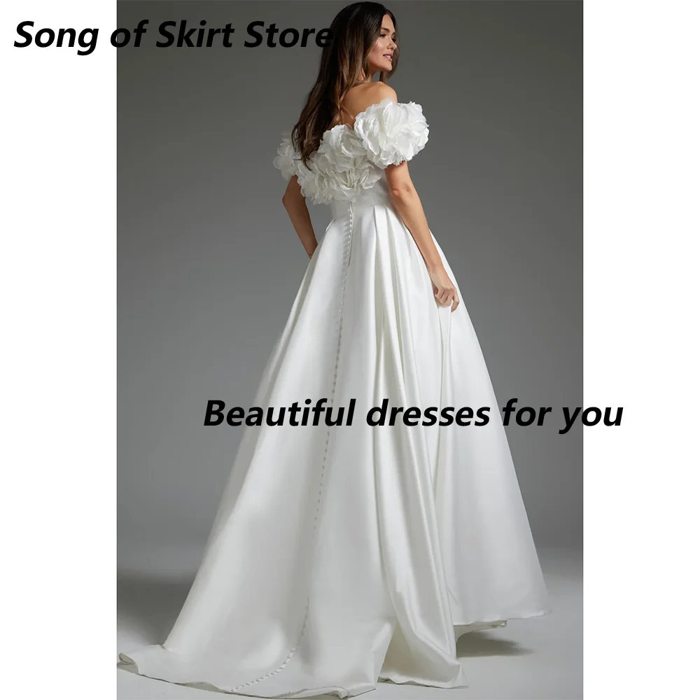 Customized Off Shoulder Flower Pleated Evening Dresses Long Bridal Wedding Prom Gowns A-line Party Girl Prom Gowns