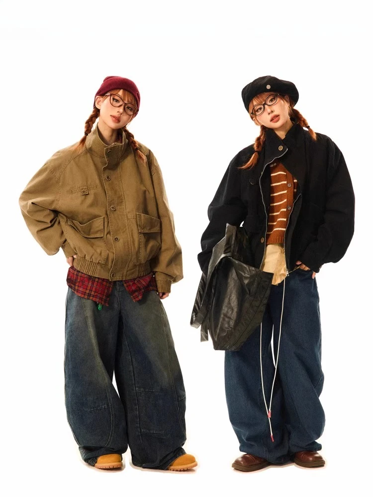 Americana Vintage Barn Jacket Women's Stand Shell Oversized Cleanfit & Utility Cargo Pockets Spring Fall Casual Bomber Coat