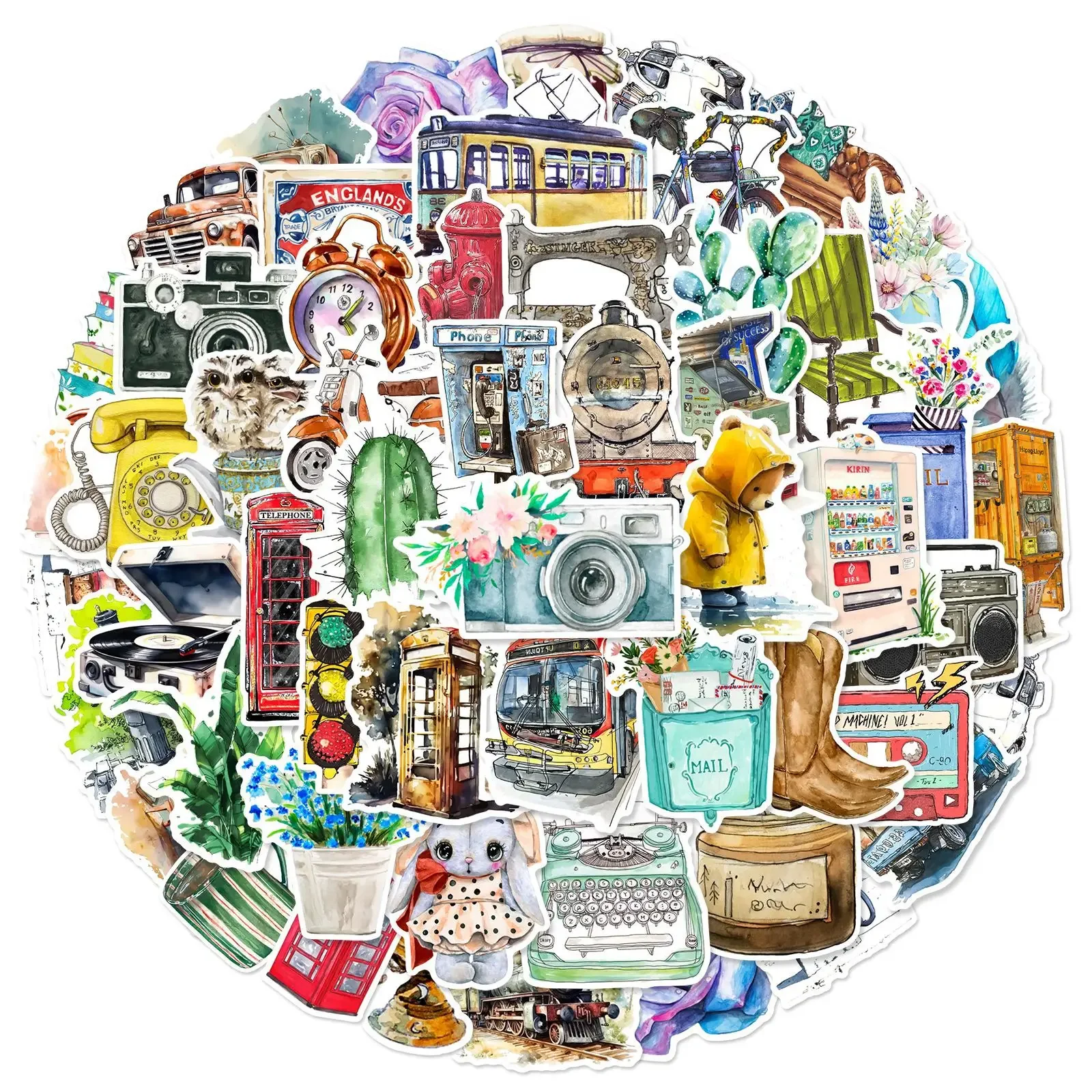 50pcs Watercolor Retro Old Objects Luggage Guitar Helmet Mobile Phone Case Notebook Waterproof Sticker