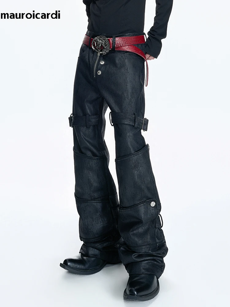 Mauroicardi Spring Long Black Distressed Waxed Cotton Denim Pants Man Metal Buckle Strap Streetwear Jeans Fashion Man Clothing