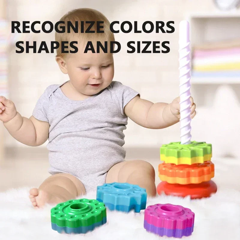 Cognition rainbow spinning tower toy funny early education geometric ring stacking block Sensory Toys for Toddler