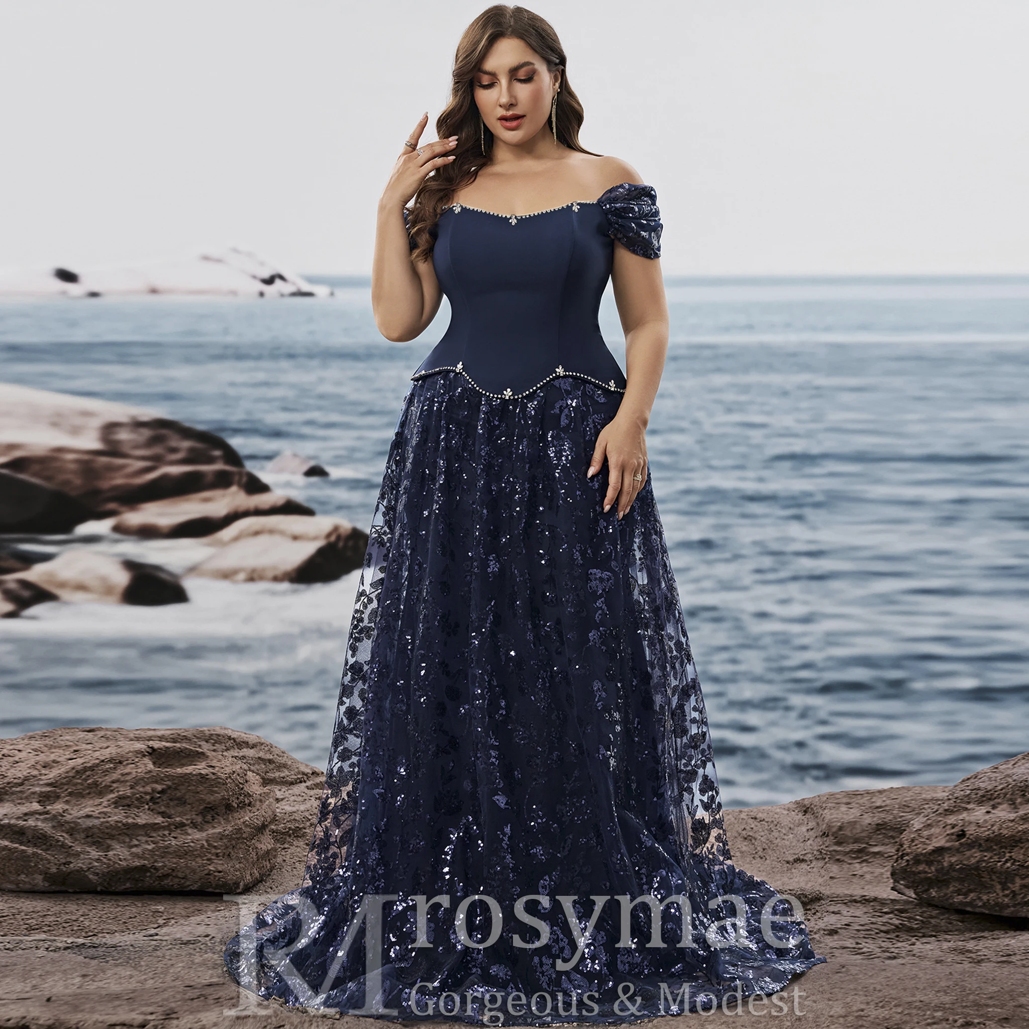 Rosymae vestidos formales de talla grande azul marino vestidos largos de fiesta de boda de lujo para mujer