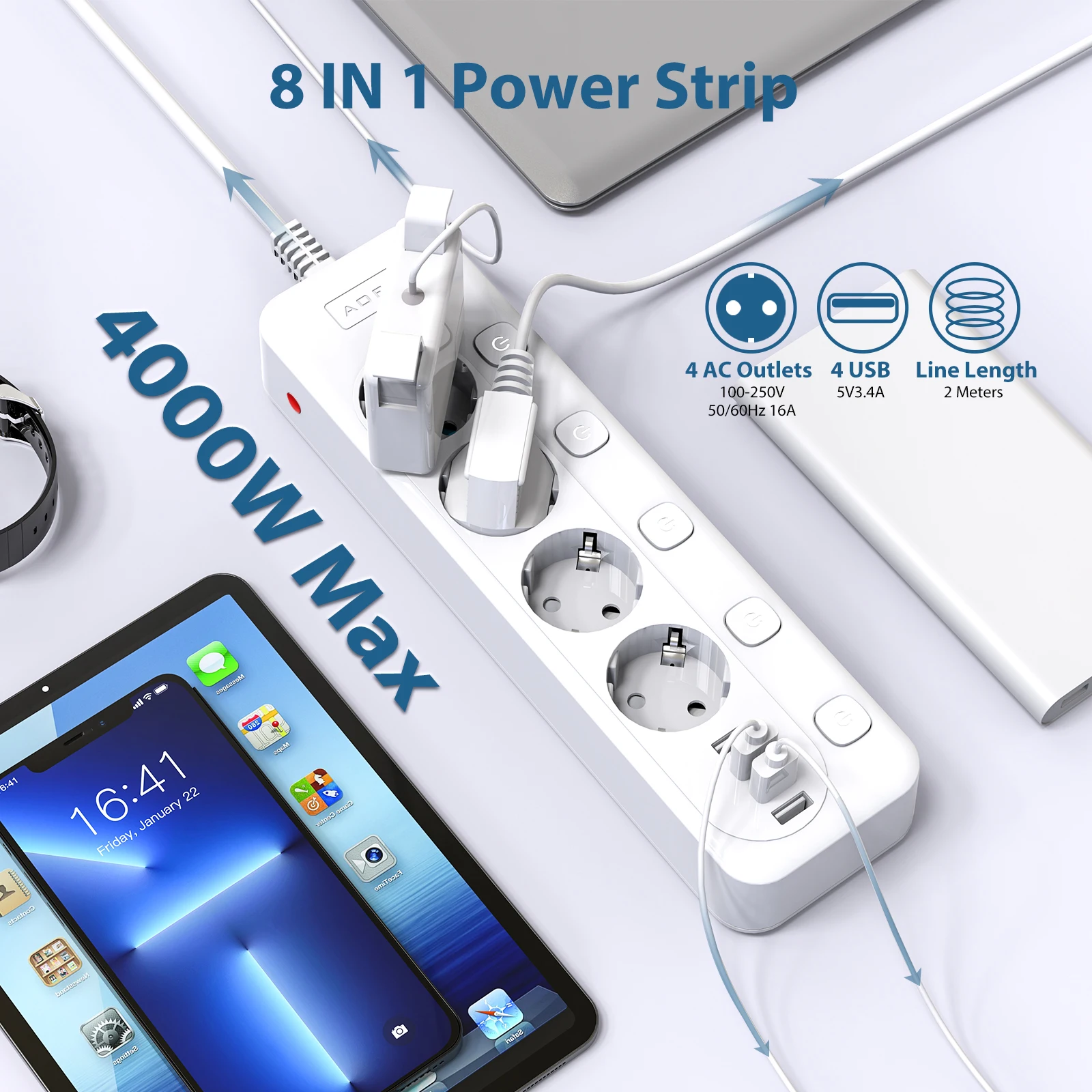 AOFO power strip 4USB fast charging socket 4AC extension socket, used eu plug for home office extension cable