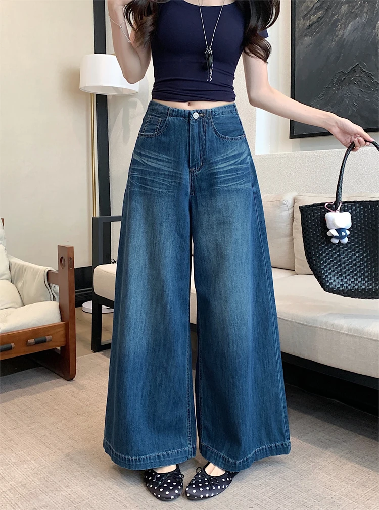 

Retro American Blue Jeans Women's High Waist Slim Wide Leg Straight Cut Casual Denim Pants Summer Washed out Effect
