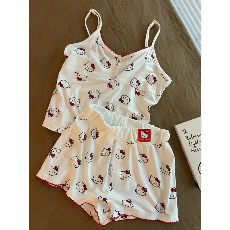 Summer Lightweight Sleeveless Hello Kitty Two-Piece Pajama Set Vest Shorts Nightwear Casual Home Wear for Women
