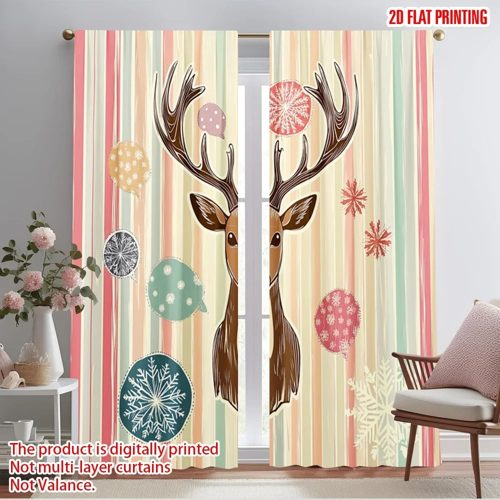 2pcs,2D plane printing Creative Curtains Deer Christmas Holiday Winter (2) Versatile 100% Polyester (without rod) Festive Use