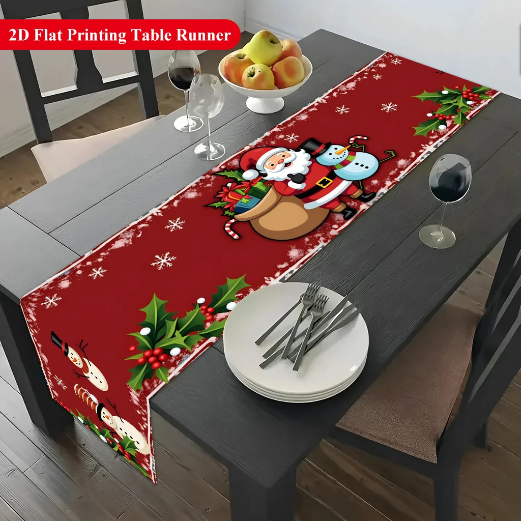 1pc 2D Table Runner, Joyful Santa & Snowman Polyester Table Runner, Soft Durable, Easy Care, Indoor & Outdoor Holiday