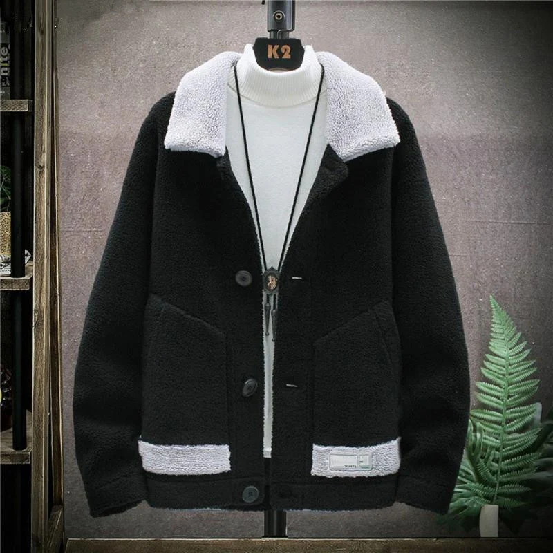 

Casual Long Sleeve Pockets Lamb Wool Jacket Warm Hooded Loose Plus Size Coat Men Clothes Fashionable Men's Winter Male Jacket