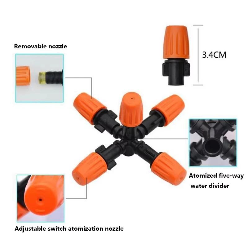 3 Pcs/Pack Five-Head Atomized Nozzle 4-Point-Nozzle Garden Irrigation Flower Watering Greenhouse Agricultural Dust Removal New