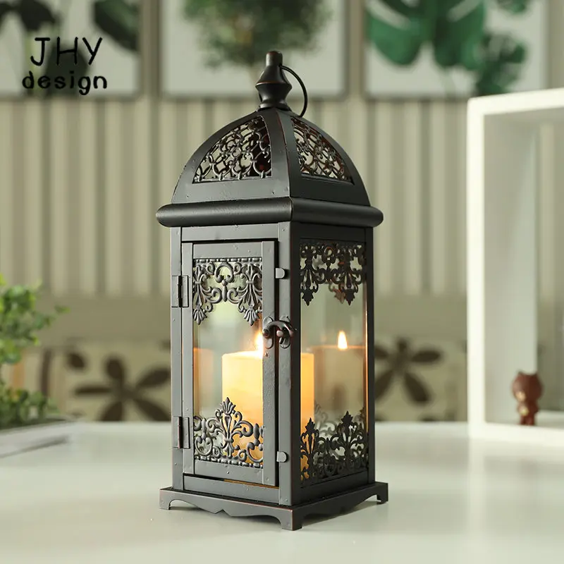 Black Table Lamp Metal Candle Holder Decorative Hanging Lantern Candlestick Lantern for Living Room Wedding Party Home Decor