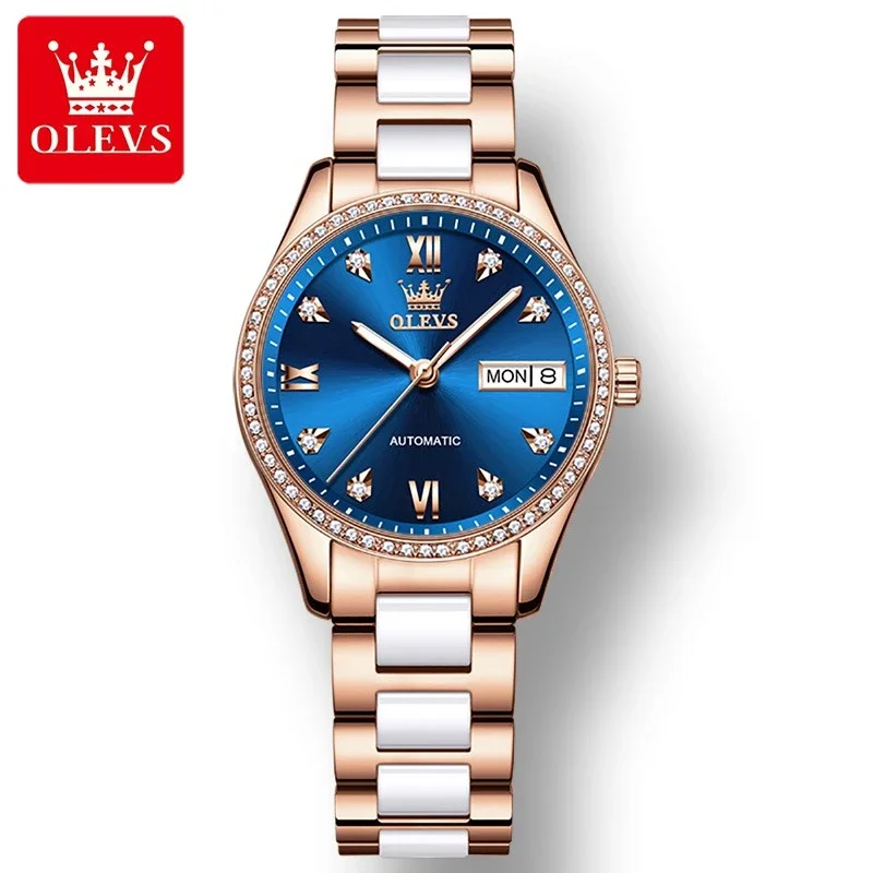 

Olevs 6637 fashion mechanical watch ceramic watchband round-dial wristwatch week display calendar luminous